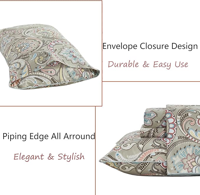 FADFAY Paisley Sheets Set Cal King Vintage Floral Bedding 100% Egyptian Cotton Soft Bed Sheets Luxury 17.7“ Deep Pocket Fitted Sheet Shabby Beige Boho Style for All Season, California King Size