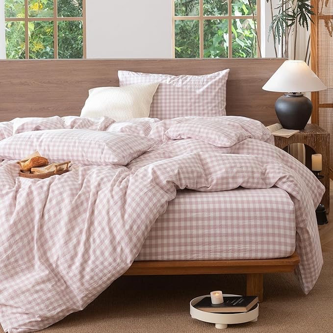 MooMee Gingham Duvet Cover Set 100% Washed Cotton Linen Like Textured Breathable Durable Soft Comfy Modern Checkered Design (Classic Gingham Greyish Pink, Cal King 104"x98")