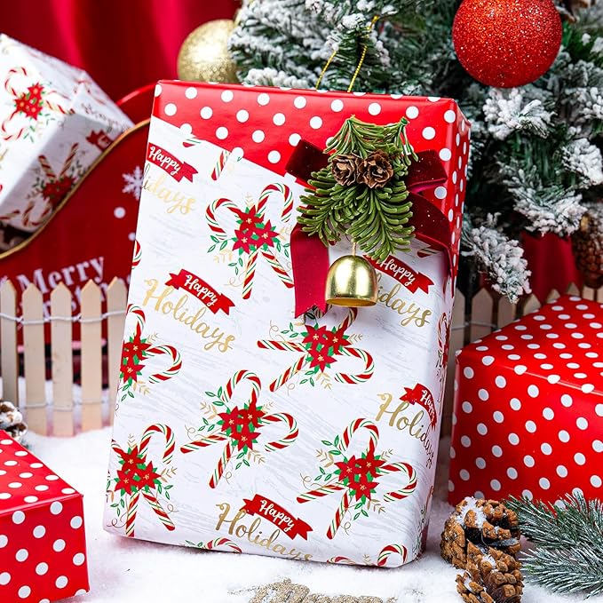 MAYPLUSS Christmas Wrapping Paper Roll - 17 Inch X 33 Feet - Christmas Holly Candy Cane Reversible Polka Dot Gift Wrapping Paper, Thick Wrap Paper for Holiday Party New Year Kids