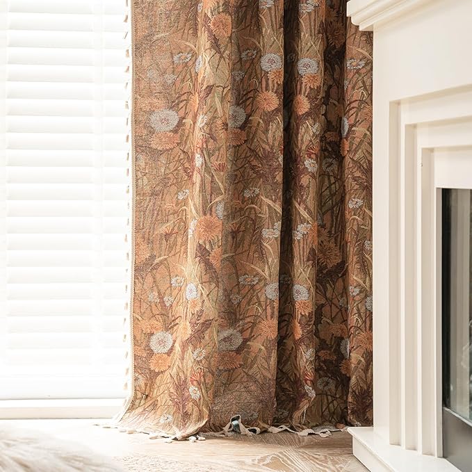 ENJOYBRIDAL Dandelion Curtains 96 Inch Long Bedroom Boho Drapes Vintage Semi Sheer Jacquard Rod Pocket Window Curtain Panels Living Room 2 Panels Decorative Tassel Farmhouse Window Treatments