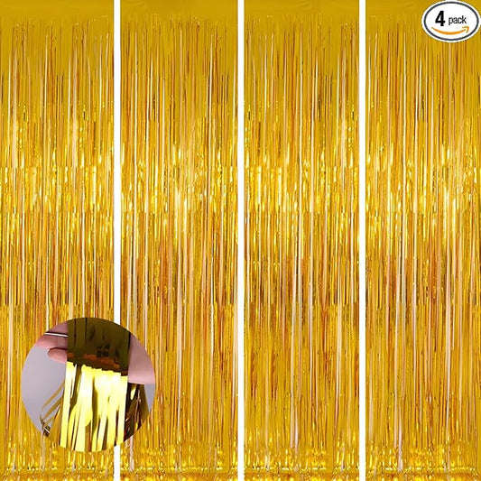 Keyali 4 Pack 3.3 * 8.3 ft Foil Curtain Metallic Tinsel Fringe Curtains Photo Booth Props Backdrop for Birthday Wedding Engagement Baby Shower Christmas Holiday Celebration Partyl,Gold