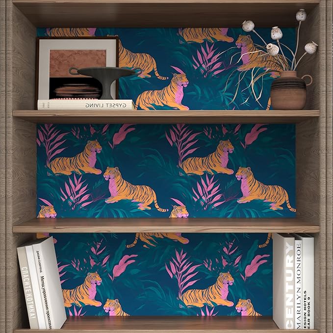 Tiger Wallpaper Peel and Stick Jungle Tropical Contact Paper Vintage Renter Friendly Wall Paper for Drawer Bedroom Bathroom Removable 17.5 x 196.5In