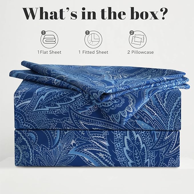 Bedlifes Full Sheet Set Ultra Soft, Breathable, Silky Flower Deep Pocket 100% Microfiber Bedding, 4 Piece Full Size Paisley Dark Navy Blue