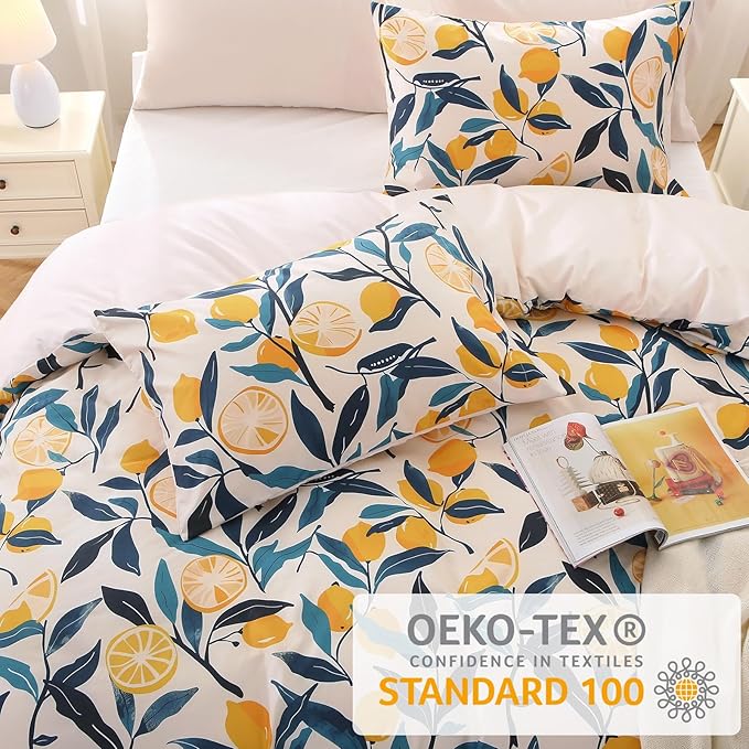 Duvet Cover King Size, Reversible Floral Vintage Duvet Cover Set with Zipper Closure, 3 Pieces Botanical Patterns Soft Microfiber Bedding Set (90"x104", 2 Pillow Cases 20"×36", Lemon Flower Green)