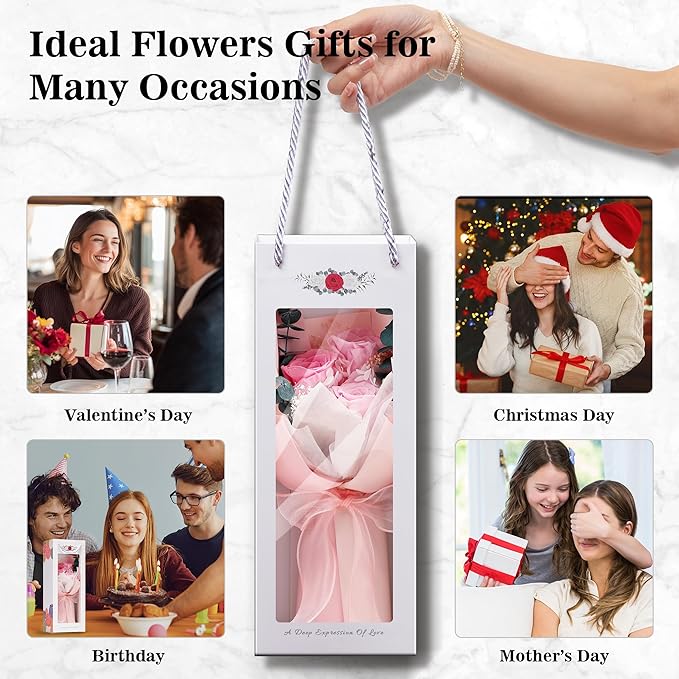 Flower Bouquet Gifts for Her, Flowers for Delivery Prime, Preserved Roses Flower Gifts for Women, Valentines Flowers, Mom Gifts from Daughter Son, Birthday Gifts, Real Roses,Pink Roses