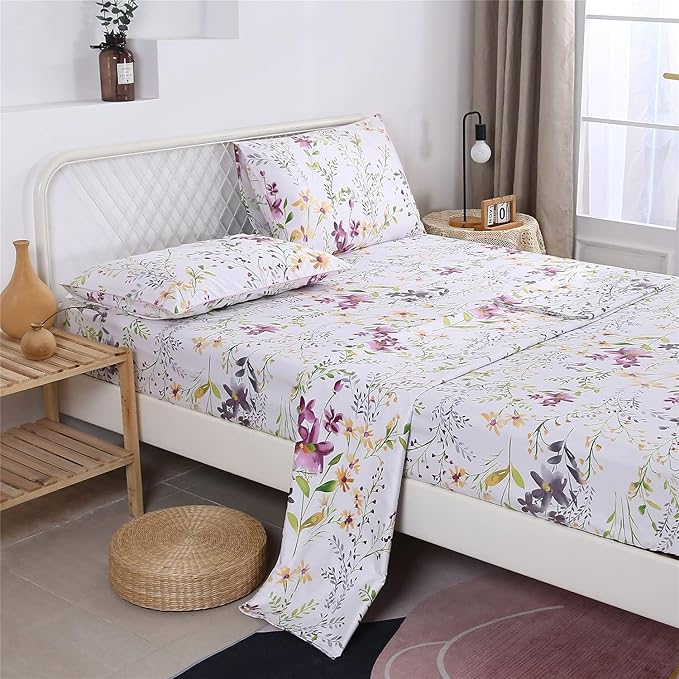 RYNGHIPY Cotton Floral Bed Sheet Set King Size Botanical Flowers Print Bedding Shabby Garden Floral Bed Sheets