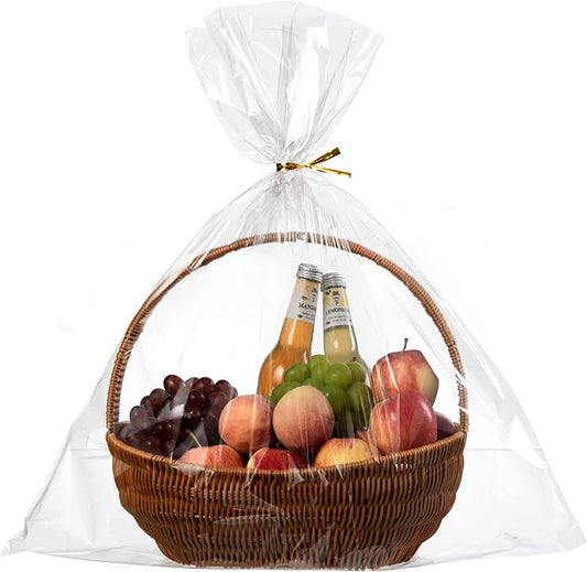 joybest 50 Pcs Clear Cellophane Bags, 24x 30 Inches Large Clear Basket Bags Plastic Cellophane Wrap for Gift Baskets Packaging with Twist Ties