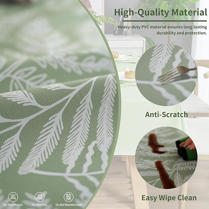 Rectangle Table Cloth,100% Waterproof Tablecloth Oil Proof Spill Proof Vinyl Table Cloth, Wipe Clean Plastic Table Cover for Dining, Camping, Indoor and Outdoor 54" x 102",Green Leaves
