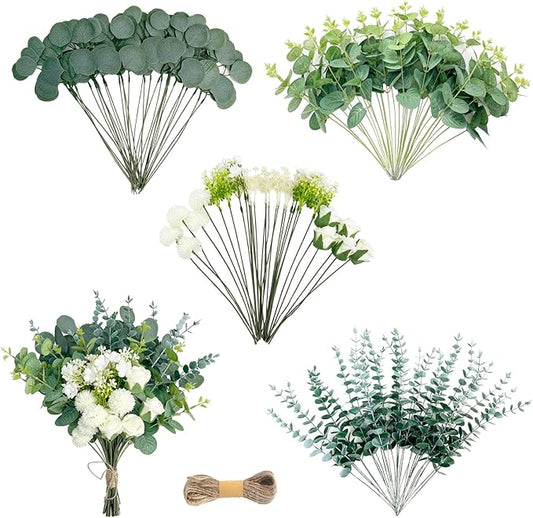 Artificial Greenery Stems Set 110 Pcs 8 Kinds of Faux Eucalyptus Stems and Flowers Fake Silver Dollar Eucalyptus Leaves Stems Bulk for Wedding DIY Bouquets Vase Table Centerpieces Decor