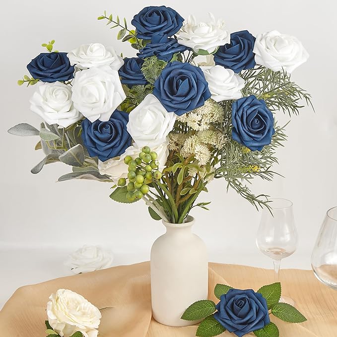 Artificial Flowers, 50pcs Blue and White Fake Flower for DIY Wedding Bouquets Centerpieces Arrangements, Artificial Rose with Stem for Party Home Decorations