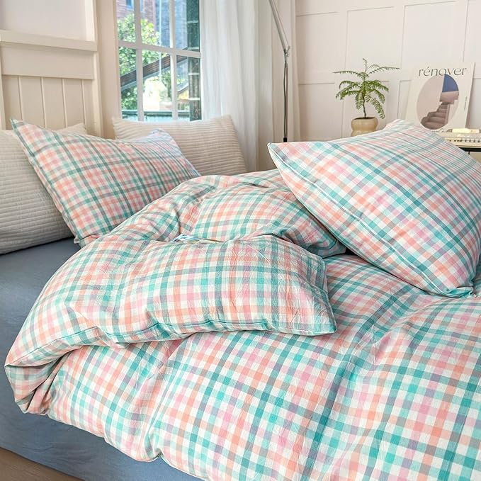 LifeTB Gingham Comforter Set Full Size Colorful Plaid Checkered Pattern Comforter Geometric Grid Plaid Printed Bedding Comforter Set with 2 Pillowcases Luxury Soft Fluffy Gingham Bedding Set Full
