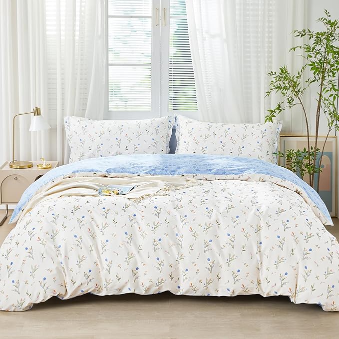 SAPHREAS Blue Floral Full Size Duvet Cover Set 3pcs Botanical Flower White Bedding Comforter Cover Set 100% Cotton 1 Duvet Cover 90"x80" 2 Pillow Shams, Comforter Not Included