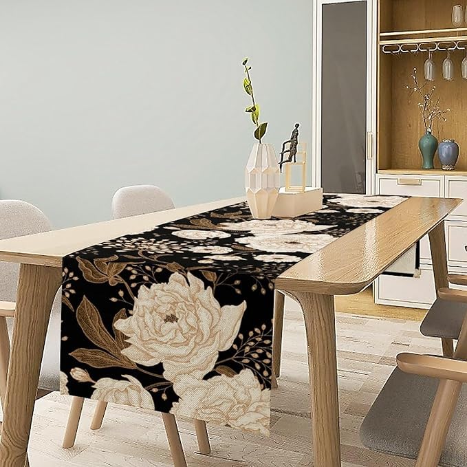 Vintage Flowers Table Runner,Black Gold Peony Rose Print Table Runner for Home Kitchen Table Dining Indoor Outdoor Party Decor 13x36 Inch