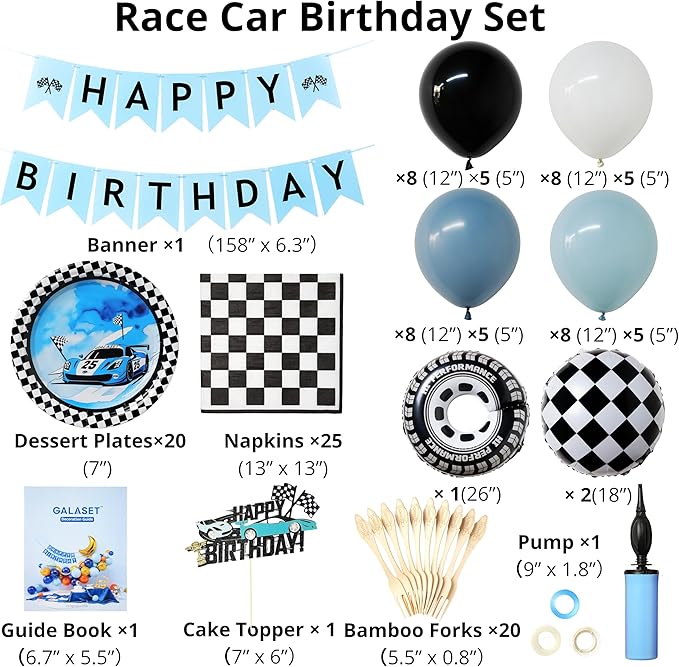 127 PCS Racecar Birthday Decorations – F1 Birthday Decorations Includes Race Car Balloon Arch Kit, Pump, Cake Topper, Paper Plates, Napkins, Forks, and Banner, for Boys & Men, Serves 20
