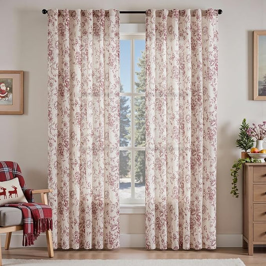 jinchan Linen Blend Curtain Floral Curtains for Living Room 90 Inch Length Christmas Brick Red Printed Curtain Rod Pocket Back Tab Farmhouse Peony Flower Patterned Drapes Curtains Set 2 Panels