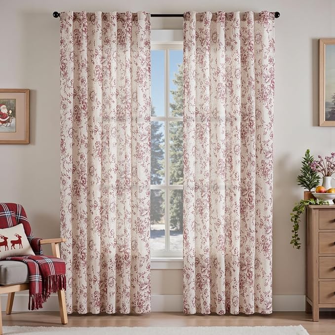 jinchan Linen Blend Curtain Floral Curtains for Living Room 84 Inch Length Christmas Brick Red Printed Curtain Rod Pocket Back Tab Farmhouse Peony Flower Patterned Drapes Curtains Set 2 Panels