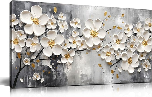 Flower Pictures Wall Art for Bedroom Women - White Canvas Wall Art for Living Room - Girls Room Decor Ready to Hang Size 20" x 40"