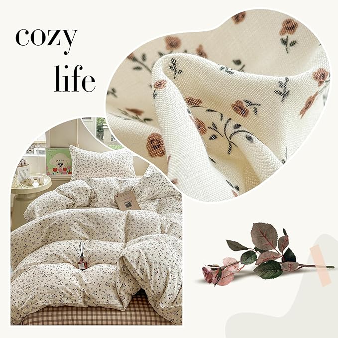 EAVD Garden Style Small Floral Duvet Cover King Size Soft 100% Cotton Muslin Bedding Set with Floral Print Fresh Cottagecore Botanical Pattern Duvet Cover with Zipper Closure
