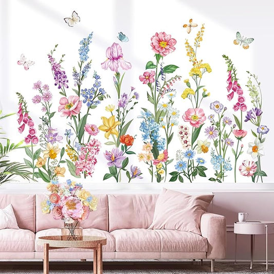 wondever Garden Flower Wall Stickers Wildflower Iris Daisy Floral Butterflies Peel and Stick Wall Art Decals for Bedroom Living Room Sofa
