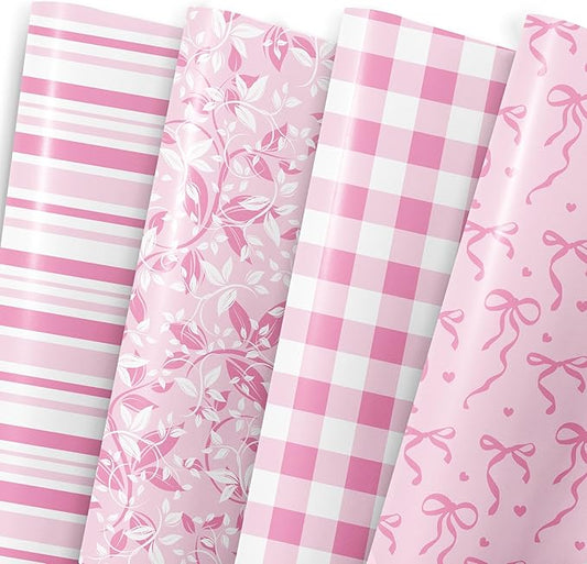 MotiGiftie Pink Wrapping Paper Sheet - 8 Sheets Folded Flat Gift Wrap with Cute Ribbon Bow, Pink Plaid, Stripes and Leaves Design for Girl Baby Shower, Birthday, Wedding - 20 X 28 Inch Per Sheet
