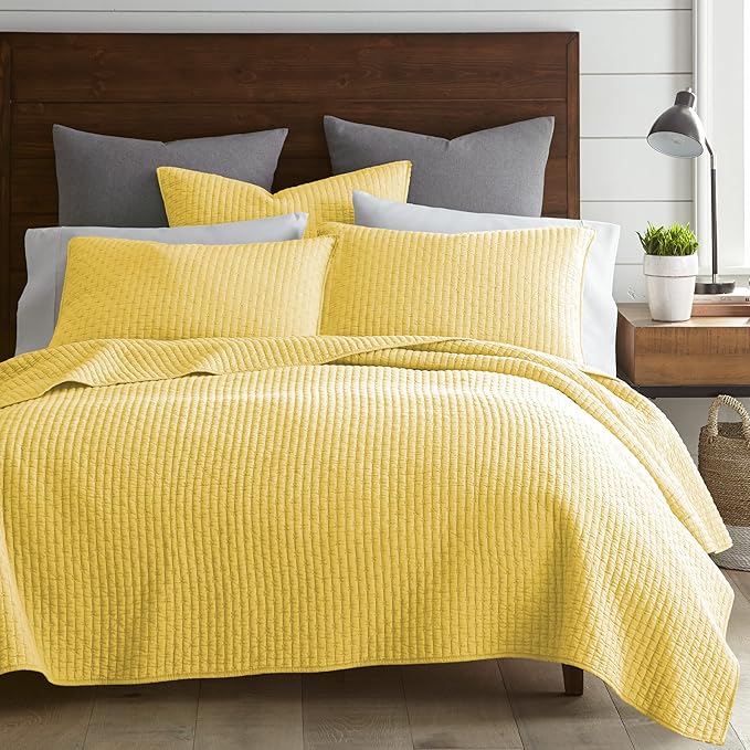 Levtex Home Cross Stitch Reversible Twin XL/Twin Quilt Set (68x86in) with 1 Pillow Sham (26x20in) - Stitch Texture - Yellow - Cotton Twin/Twin Size Quilt Bedding Set - Lightweight, Soft, Pre-Washed