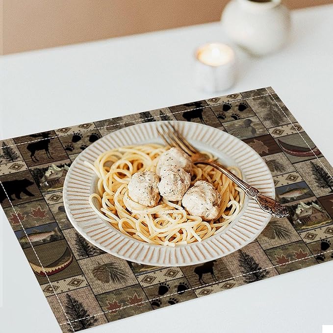Retro Rustic Bears Deers Lodge Placemats Set of 6, Vintage Cabin Country Farmhouse Style Place Mats, Heat Resistant Non Slip Cotton Linen Dining Table Mats for Home Kitchen Party 18x12 Inch