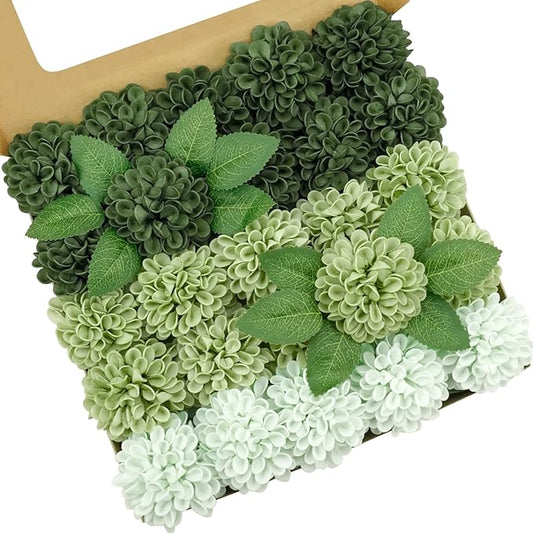 Artificial Flowers,50pcs Realistic Artificial Rose for DIY Wedding Bouquets Centerpieces Arrangements, Emerald Green Shades Dahlia Flowers with Stem for Bridal Shower Party