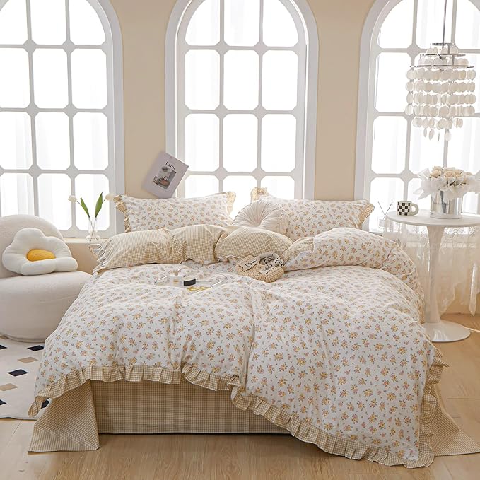 EAVD Cotton Duvet Cover King Size Floral Ruffle Duvet Cover Set Garden Style Yellow Pink Floral Pattern Duvet Cover with Zipper Closure Aesthetic Floral Comforter Cover with 2 Pillowcases