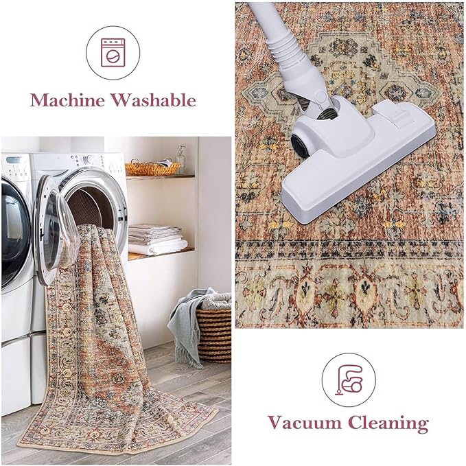 Lahome Oriental Washable Rugs for Living Room, 4x6 Bedroom Area Rug Ultra-Thin Soft Non Slip Stain Resistant Vintage Throw Carpet for ‎Office Dining Room, Peach/Orange