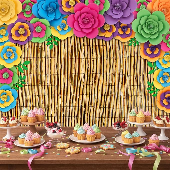 Frienda 36 Pcs DIY Paper Flower Decor Set with 83x59 Inch Custom Background Cloth and Rope, Artificial 3D Flower Wall Decor for Wall Bulletin Board Wedding Halloween Mexican Festive Party (Reed)
