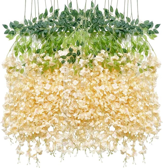 Artificial Wisteria Hanging Flowers Fake Wisteria Flower Garland Silk Vines Rattan Decor for Home Wedding Arch Wall Garden Greenery Bedroom Outdoor Office Party Decoration (24, Champagne)