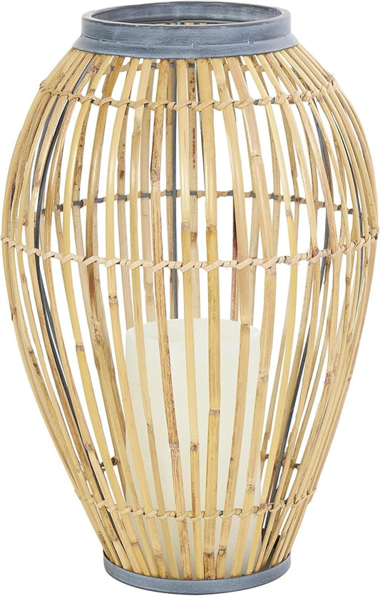 Deco 79 Bamboo Wood Handmade Decorative Vase Open Frame Centerpiece Vase with Blue Metal Accents, Vase for Home Decoration 11" x 11" x 16", Brown