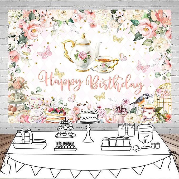 Mocsicka Tea Party Happy Birthday Backdrop Floral Princess Tea Birthday Party Decorations Kids Wonderland Let's Partea Dessert Caketable Banner Photo Booth (5x3ft)