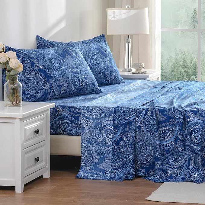 Bedlifes Twin Sheet Set Ultra Soft, Breathable, Silky Flower Deep Pocket 100% Microfiber Bedding, 3 Piece Twin Size Paisley Dark Navy Blue