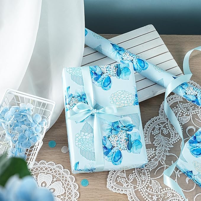LeZakaa Blue Hydrangea Wrapping Paper Roll, Watercolor Hydrangea Flowers Party Gift Wrap for Wedding, Bridal Shower, Baby Shower, Anniversary, Mother's Day, DIY Bouquet, Mini Roll, 17inches x 16.4Feet