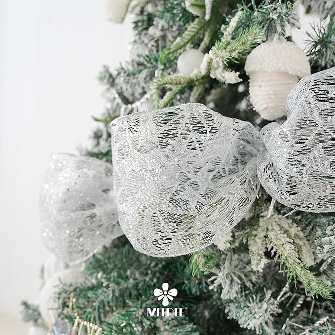 MEEDEE 6 Inch Wide Wired Ribbon Silver Glitter Mesh Web Wired Edge Ribbon by 10 Yards Roll Silver Wired Mesh Ribbons for Christmas Tree, Garland, Holiday Wreaths, Bows, Centerpiece, Gift Wrapping