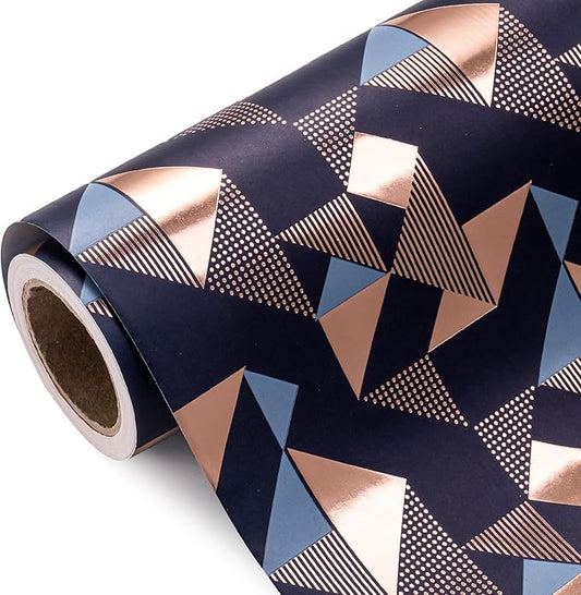 WRAPAHOLIC Birthday Wrapping Paper for Men - Mini Roll - 17 Inch x 16.5 Feet - Foil Modern Navy Blue Geometric Wrapping Paper Perfect for Husband, Boyfriend Birthday, Wedding, Bridal Shower