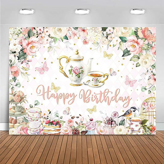 Mocsicka Tea Party Happy Birthday Backdrop Floral Princess Tea Birthday Party Decorations Kids Wonderland Let's Partea Dessert Caketable Banner Photo Booth (5x3ft)