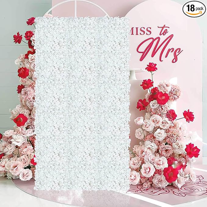 Flower Wall Panels White Backdrop: Artificial Flower Wall Backdrop 3.75ft x 7.5ft Hydrangea Floral Wall for Wedding Party Decoration (18 Pcs 15 x 15 Inch)