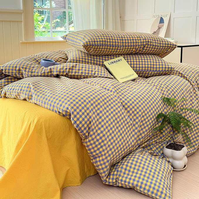 LifeTB Queen Comforter Set Purple Yellow Gingham Comforter Geometric Checkered Pattern Comforter Set Boho Grid Plaid Bedding Comforter Fluffy Soft Farmhouse Grid Bedding Set Queen Size Durable