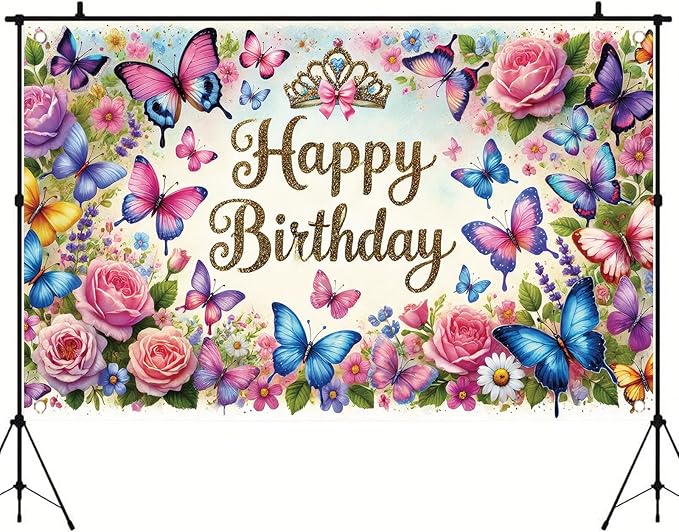Happy Birthday Backdrop Butterfly Floral Banner Crown Decorations Photography Background for Women Girls Princess Supplies Cake Table Photo Shoot Props 71 x 43 Inch