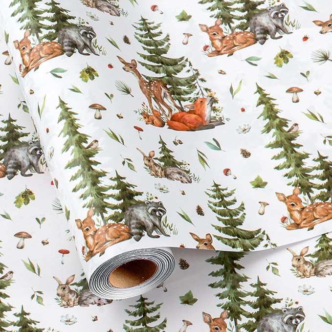 MAYPLUSS Christmas Wrapping Paper Roll - 17 In x 33 Feet - Cute Watercolor Christmas Tree Reindeer Rabbit Squirrel Gift Wrap Paper for New Year, Holiday, Kids