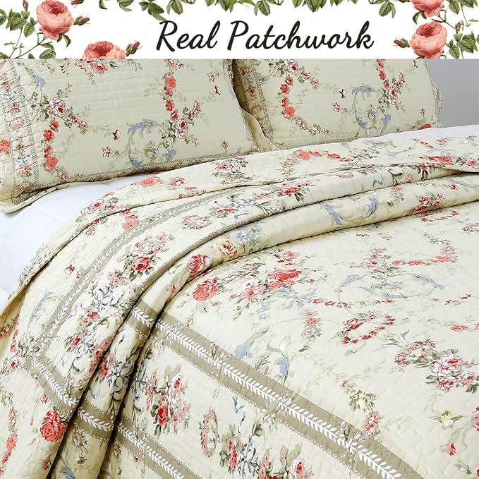 Cozy Line Home Fashions Khaki Cream Yellow Floral Blooming 100% Cotton Reversible Quilt Bedding Set Coverlet Bedspread (Rose Romance, Queen - 3 Piece)