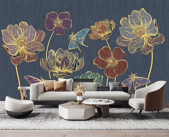 Embossed Golden Flower 3D Wall Mural Wallpaper for Bedroom 137" x 100"