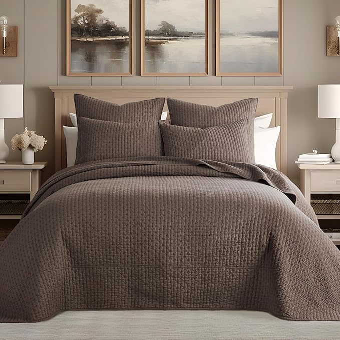 Levtex Home Cross Stitch Reversible King Bedspread Set (120x104in) with 2 Pillow Shams (36x20in) - Stitch Texture - Cocoa - Cotton King Size Bedspread Set - Soft, Pre-Washed