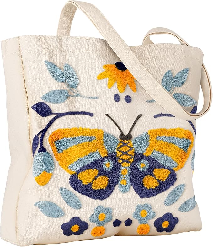 Aesthetic Embroidery Tote Bag for Women - Reusable Canvas Cute Shoulder Bag for Shopping, Grocery, Work, Book