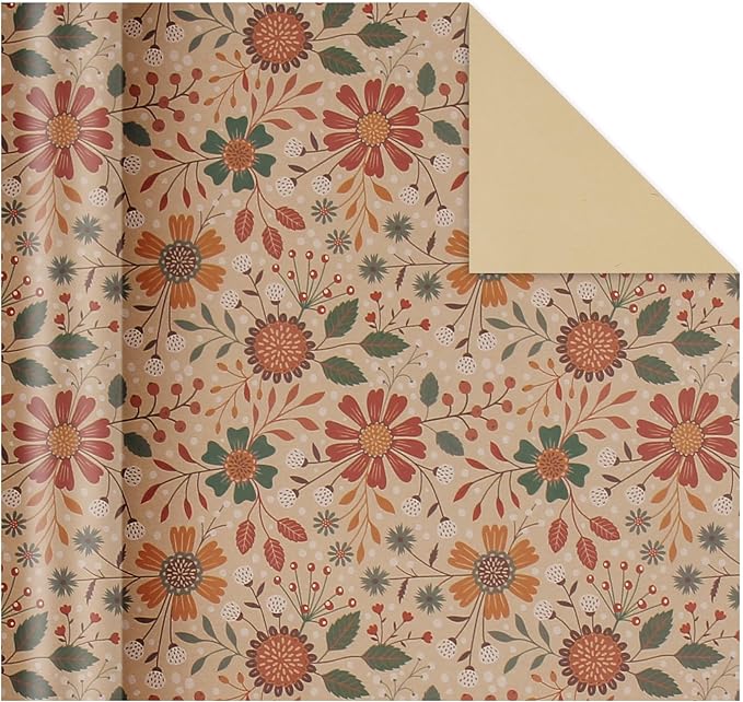 Aimyoo Floral Kraft Wrapping Paper Jumbo Roll, All Occasion Vintage Flower Gift Wrap for Wedding Birthday Bridal Shower, 17 inch x 60 ft