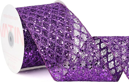 VATIN 4" Purple Christmas Ribbon, Purple Glitter Mesh Diamond Web Sequin Dots Wired Christmas Ribbon for Gift Wrapping Bow Making Wreath Supply-10 Yards