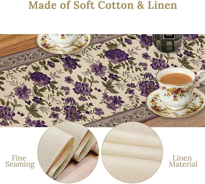 Vintage Floral Table Runner, Elegant Purple Flowers Retro Design Table Runner for Kitchen Dining Holiday Party Decoration, 13x120 Inch
