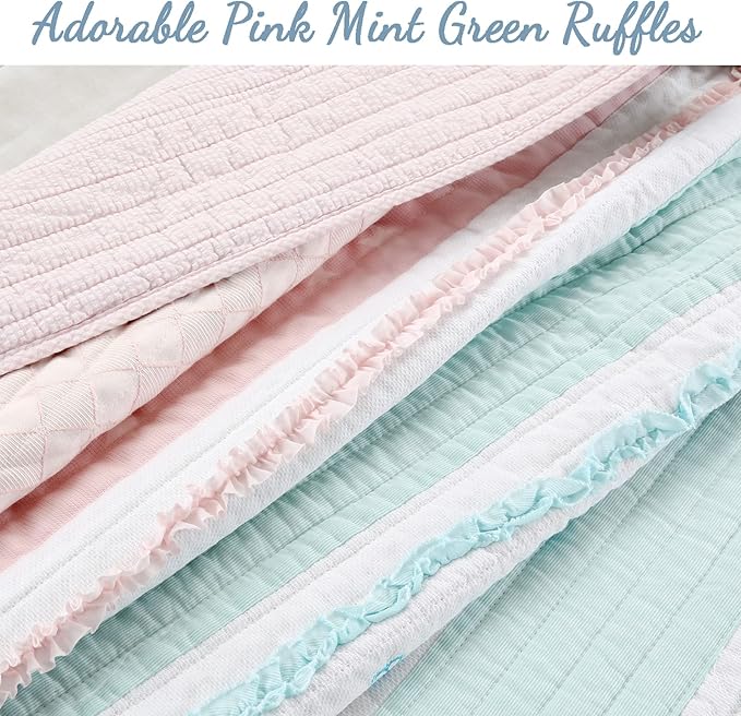 Cozy Line Home Fashions Light Pink Blue Ruffles Girl 100% Cotton Reversible Quilt Bedding Set, Coverlet, Bedspread (Candy, Queen - 3 Piece: 1 Quilt + 2 Shams)
